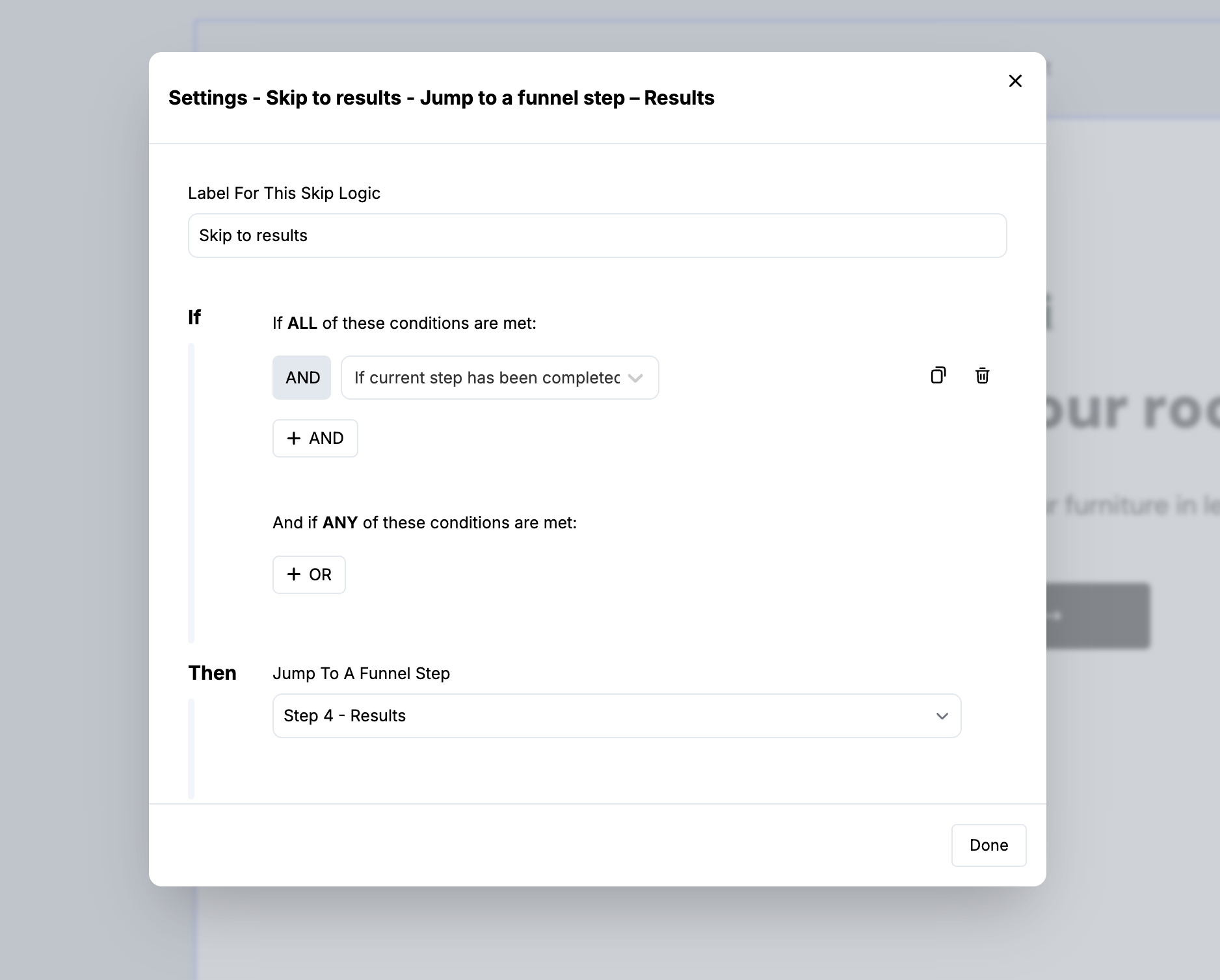 Skip logic settings: if conditions are met, jump to the results funnel step