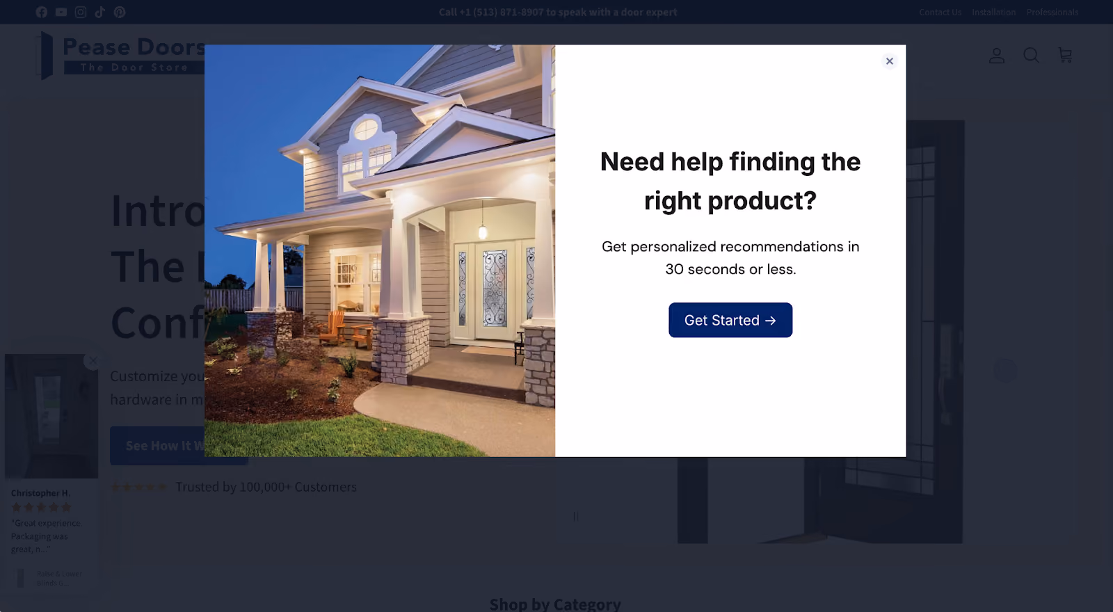 Pease Doors popup inviting shoppers to take a product recommendation quiz