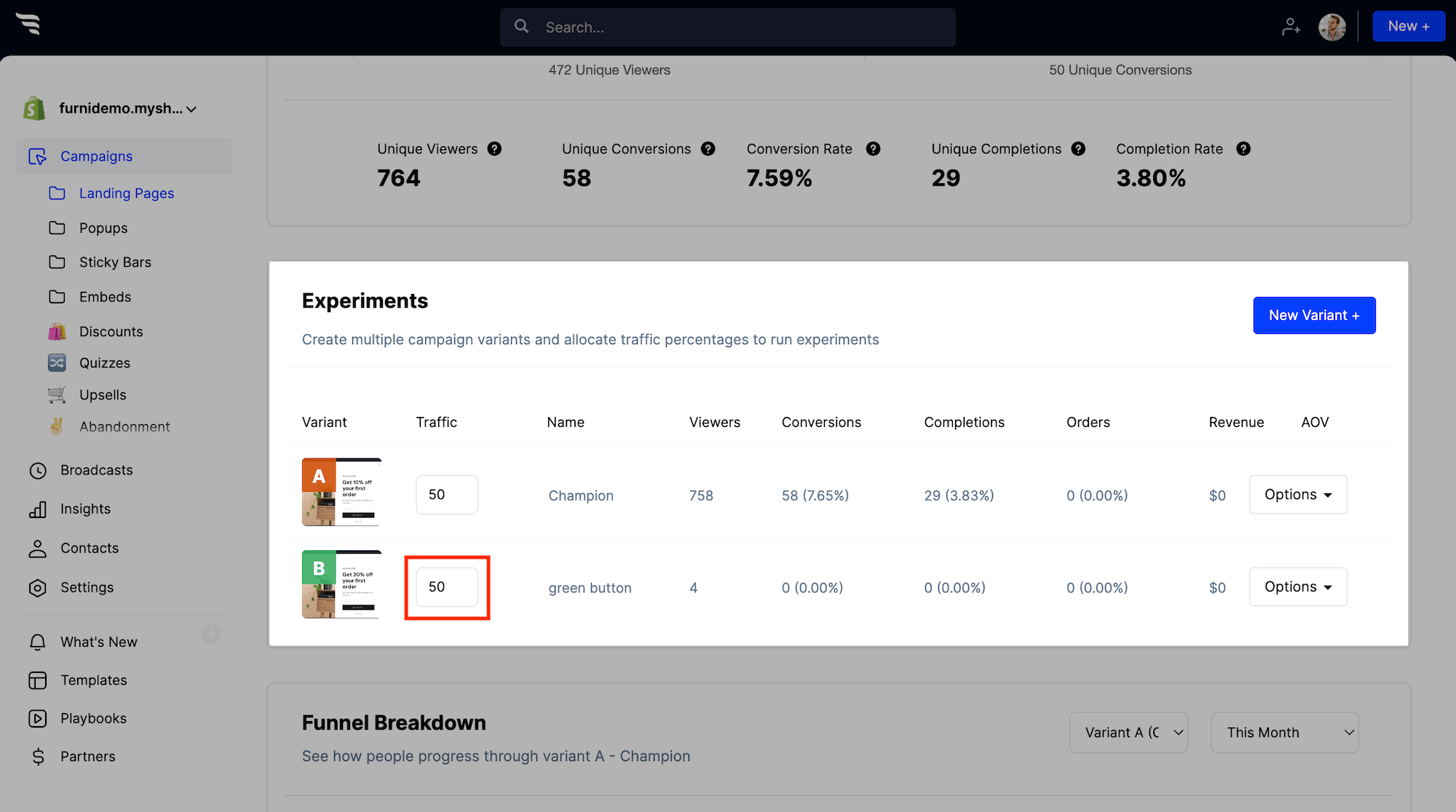 A/B testing quiz funnel variants with traffic splits and revenue reporting in ConvertFlow