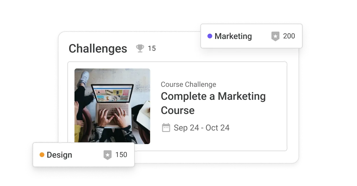 UI Examples of the Intellum platform showcasing gamification elements