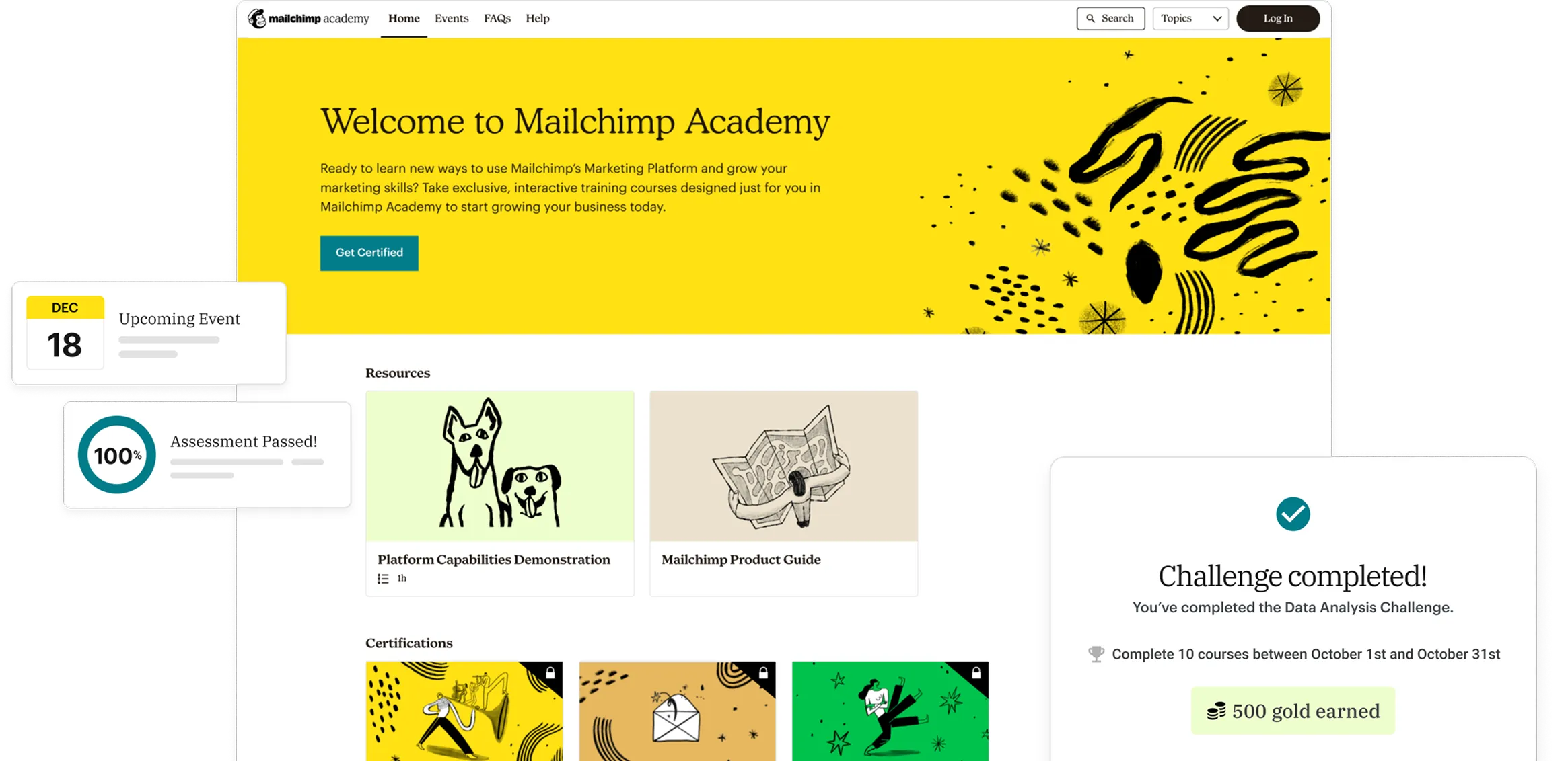 Mailchimp Academy homepage with a yellow banner welcoming users, resources cards showing platform demonstration and product guide, and a challenge completion message awarding 500 gold.
