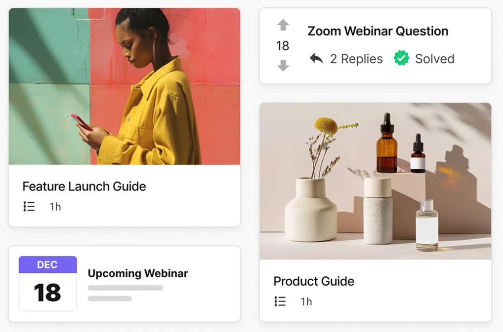 Four cards: woman in yellow jacket using phone labeled Feature Launch Guide; Zoom Webinar Question with 2 replies marked Solved; calendar date Dec 18 labeled Upcoming Webinar; and three cosmetic bottles with flowers labeled Product Guide.
