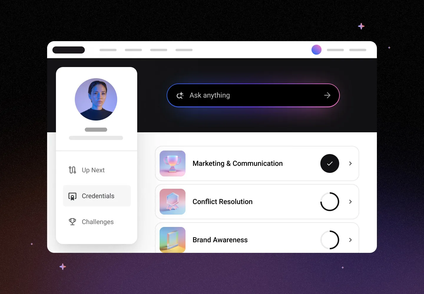 UI examples of the Intellum Platform and it's AI powered Learner Agent