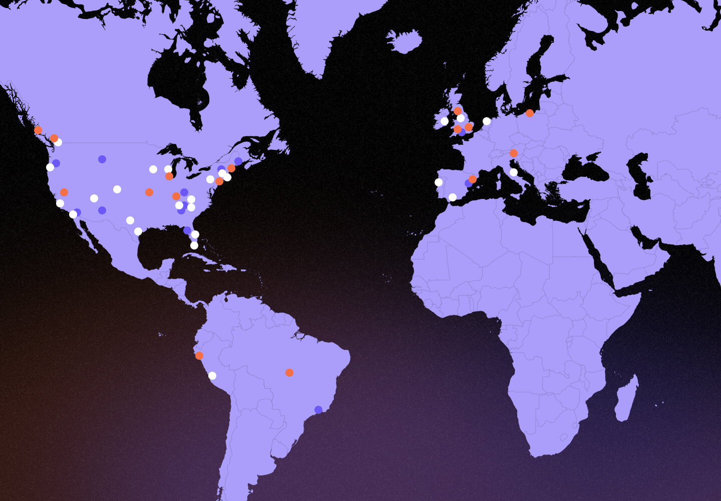 World map highlighting employee locations with colored dots across North America, South America, and Europe.