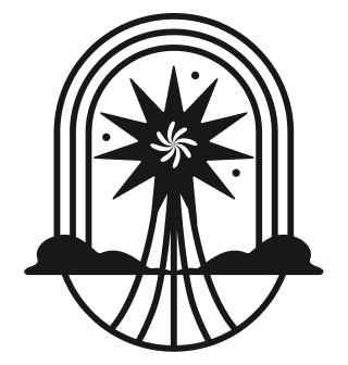 Black stylized illustration of a radiant star with curved lines and dots enclosed in an arched frame.