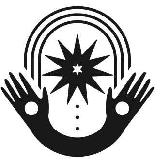 Two stylized hands with open palms facing up surrounding a starburst and three concentric arcs above.
