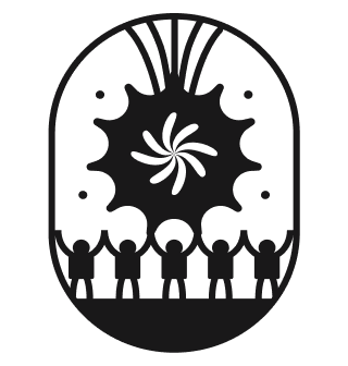 Five stylized human figures holding hands in a semicircle beneath a decorative swirling design with dots inside an arched frame.