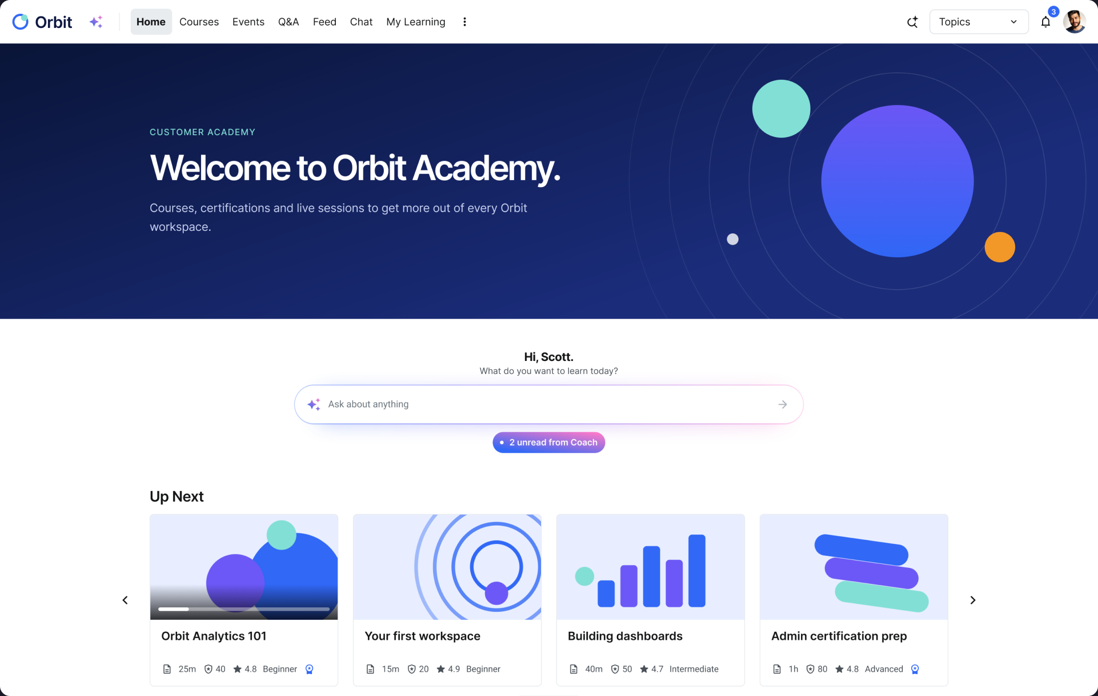 Orbit Academy learning portal built on Intellum, showing a welcome banner, AI search and upcoming courses