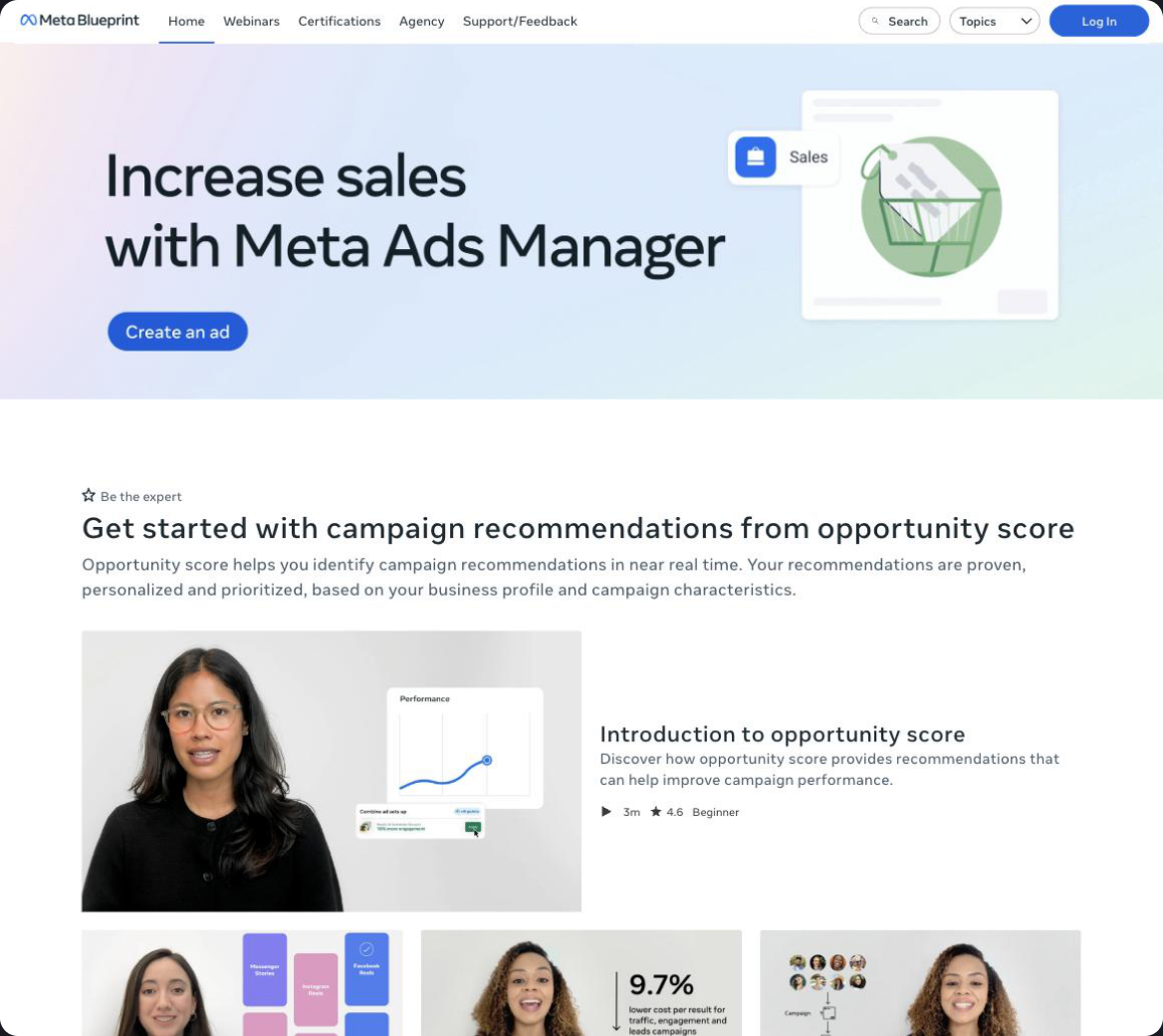 Meta Blueprint learning academy, showing an Increase sales with Meta Ads Manager banner and a campaign recommendations course