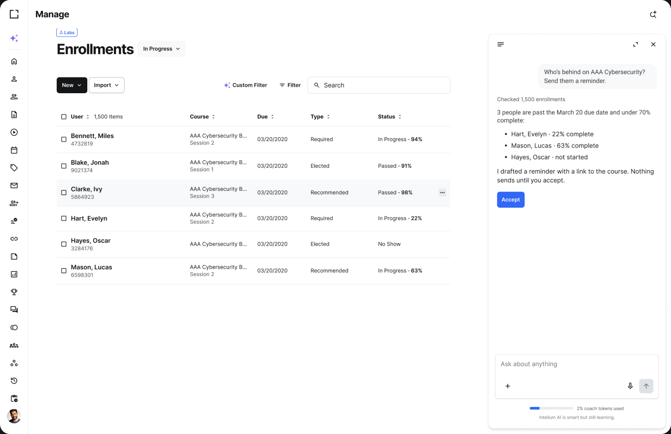 Manager Agent listing overdue enrollments and a proposed plan