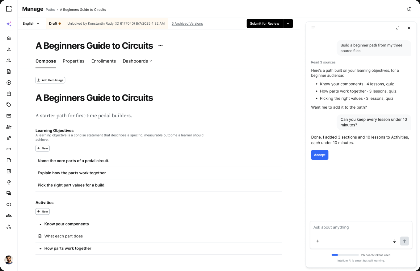 Creator Agent drafting learning objectives and a course outline