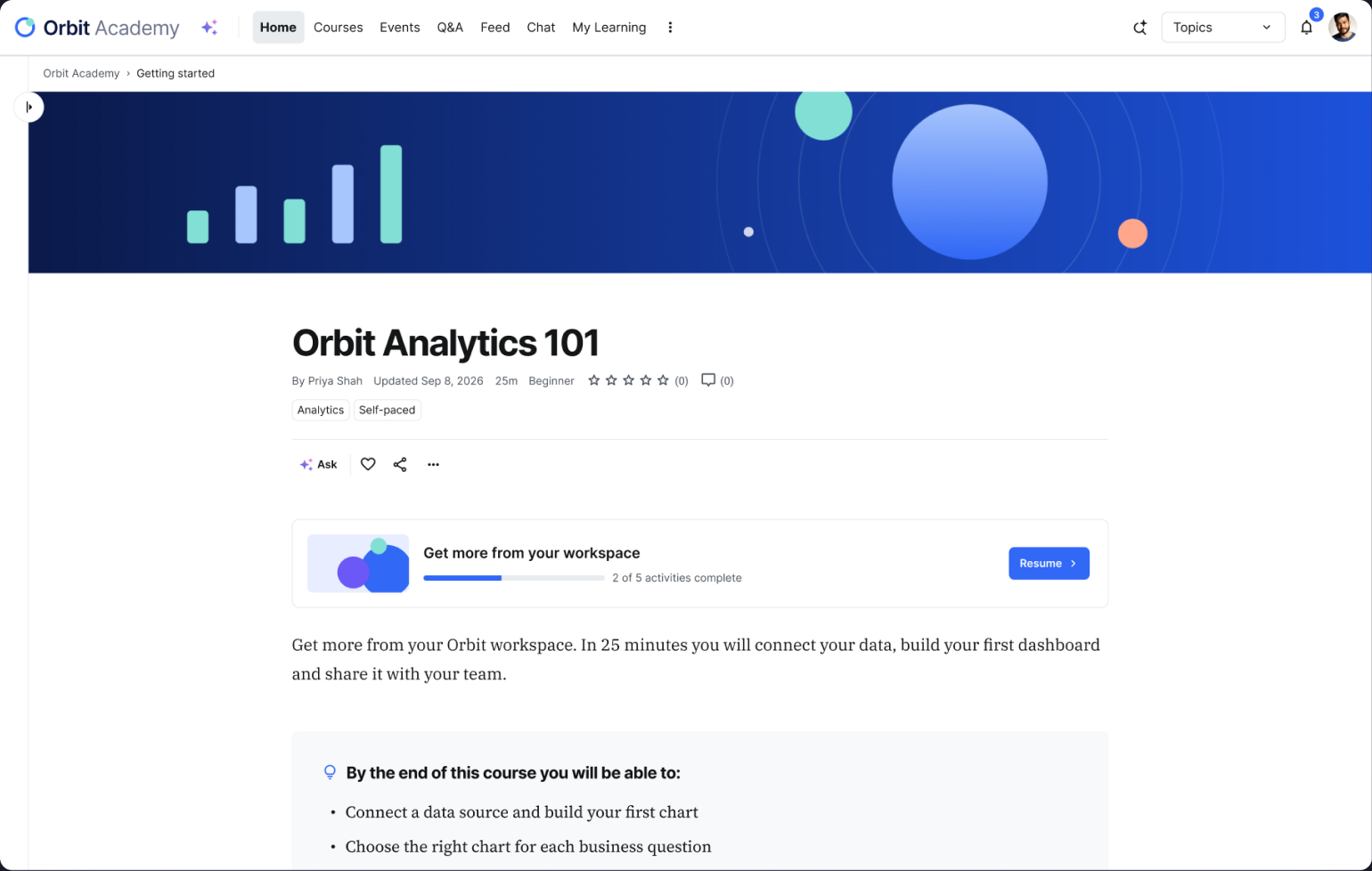 Orbit Analytics 101 course page in Orbit Academy, a learning portal built on Intellum