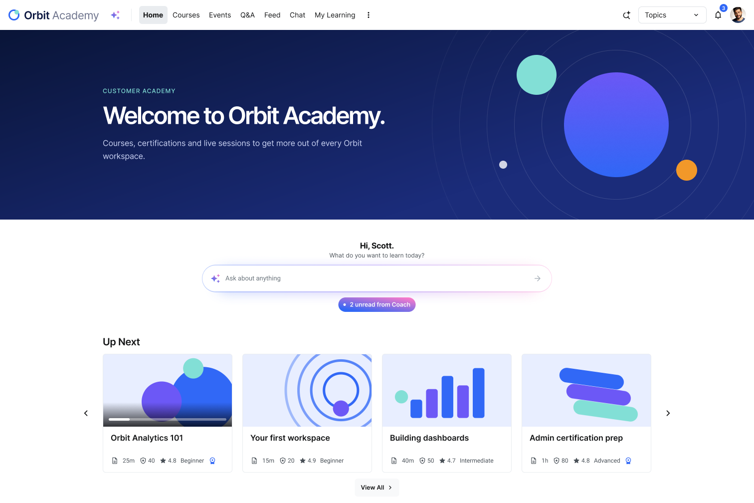 Orbit Academy, a customer academy built on Intellum, with a welcome banner, AI search and courses up next