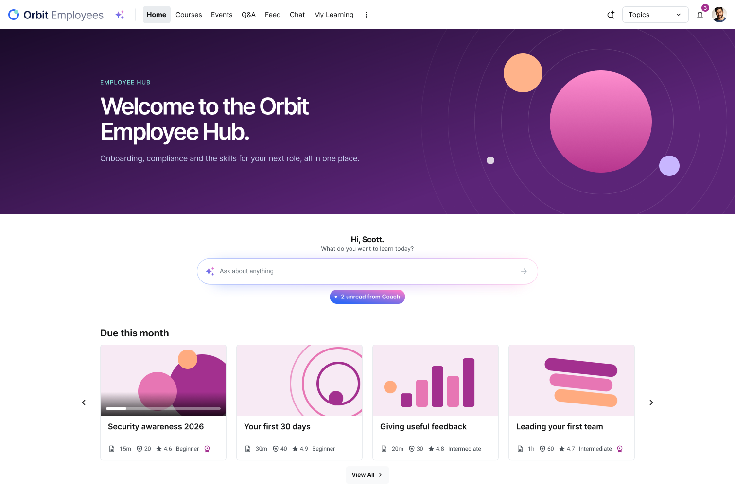Orbit Employee Hub, an employee learning site built on Intellum