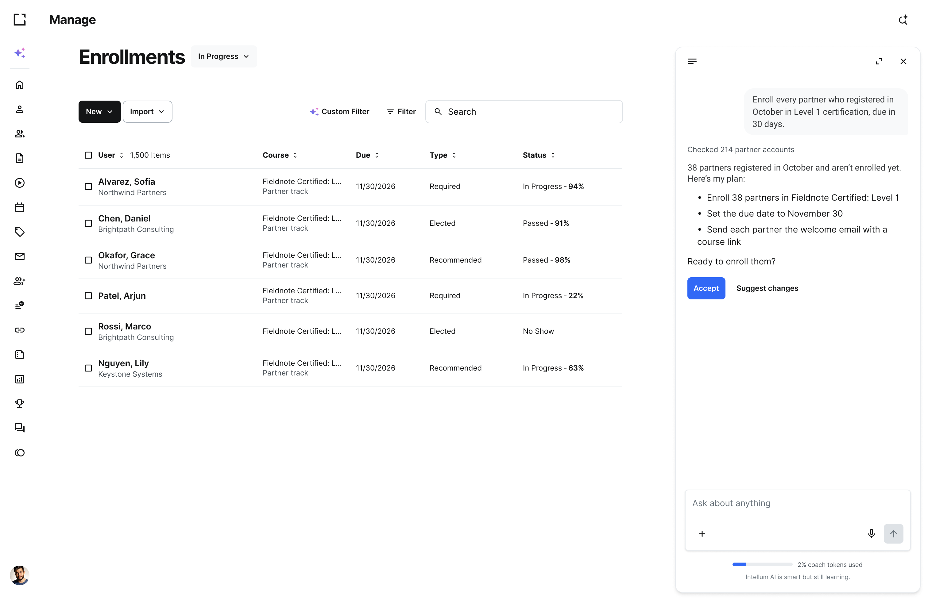 Manager Agent in Intellum: the Enrollments page with Manager Agent drafting an enrollment plan