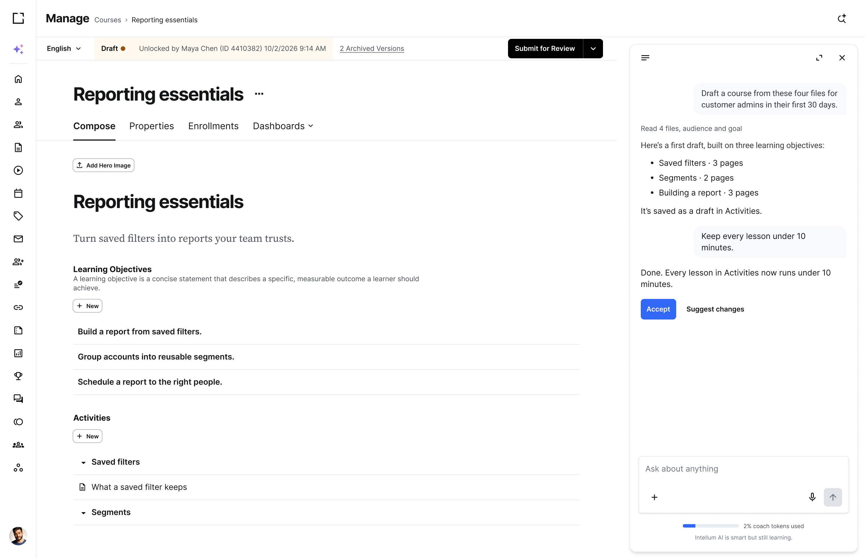 Creator Agent in Intellum: the Reporting essentials course with Creator Agent drafting from uploaded source files