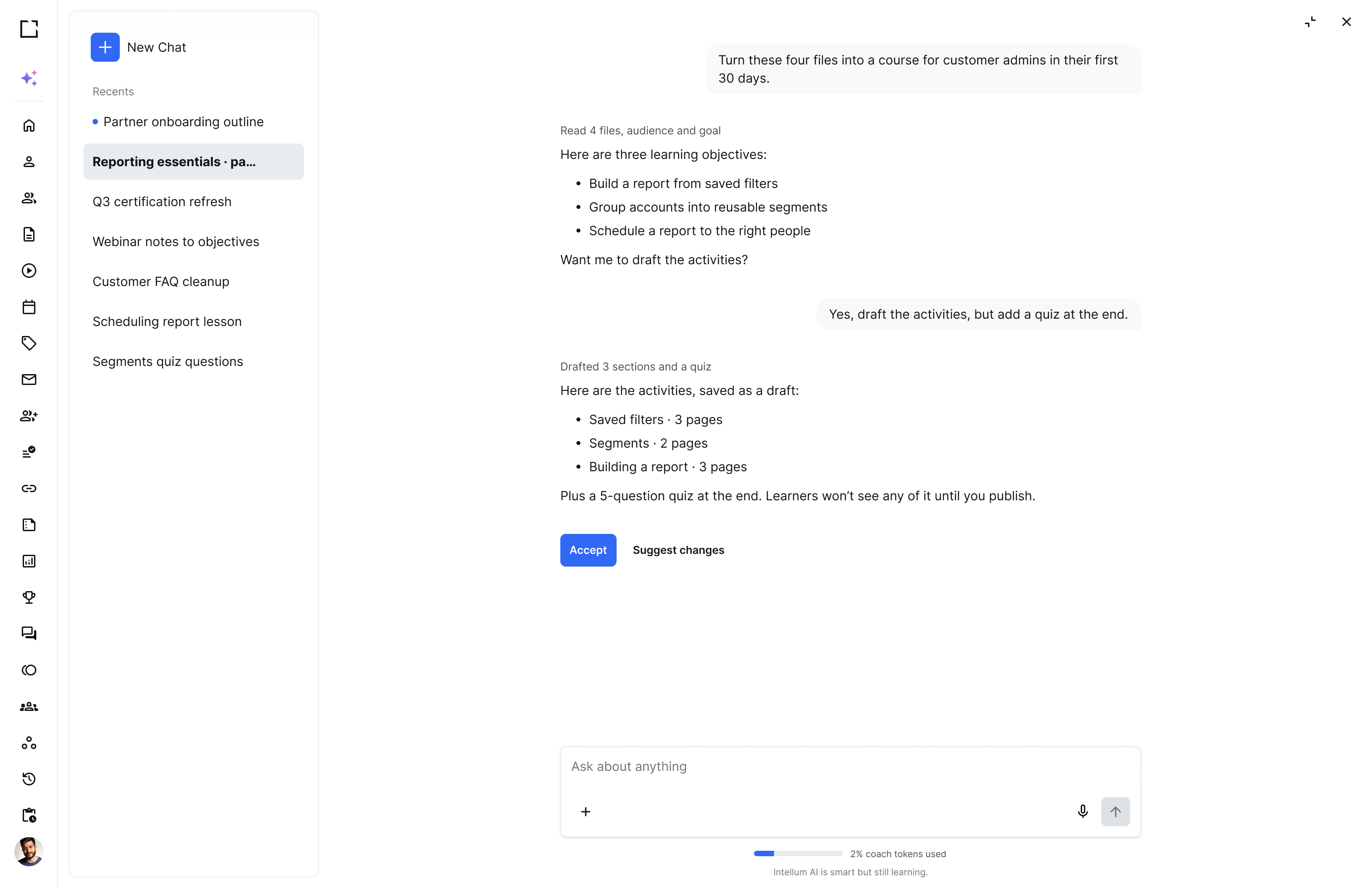 Creator Agent full-page chat in Intellum: a draft course a creator reviews and edits before publishing