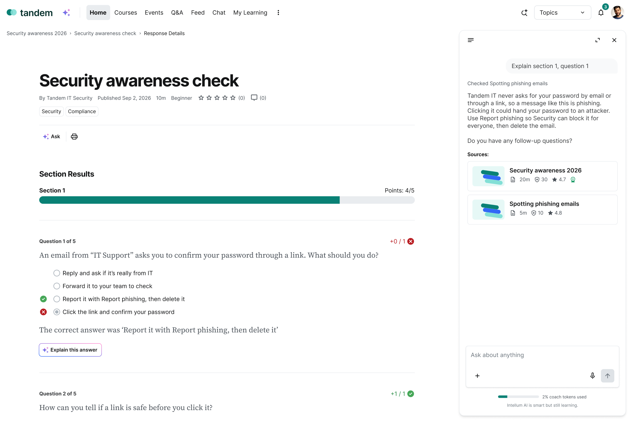 UI example of the Intellum Platform showing AI-powered features for Employee Education