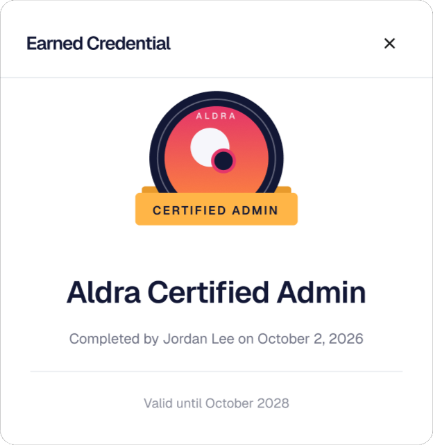 Earned Credential modal showing the Aldra Certified Admin credential