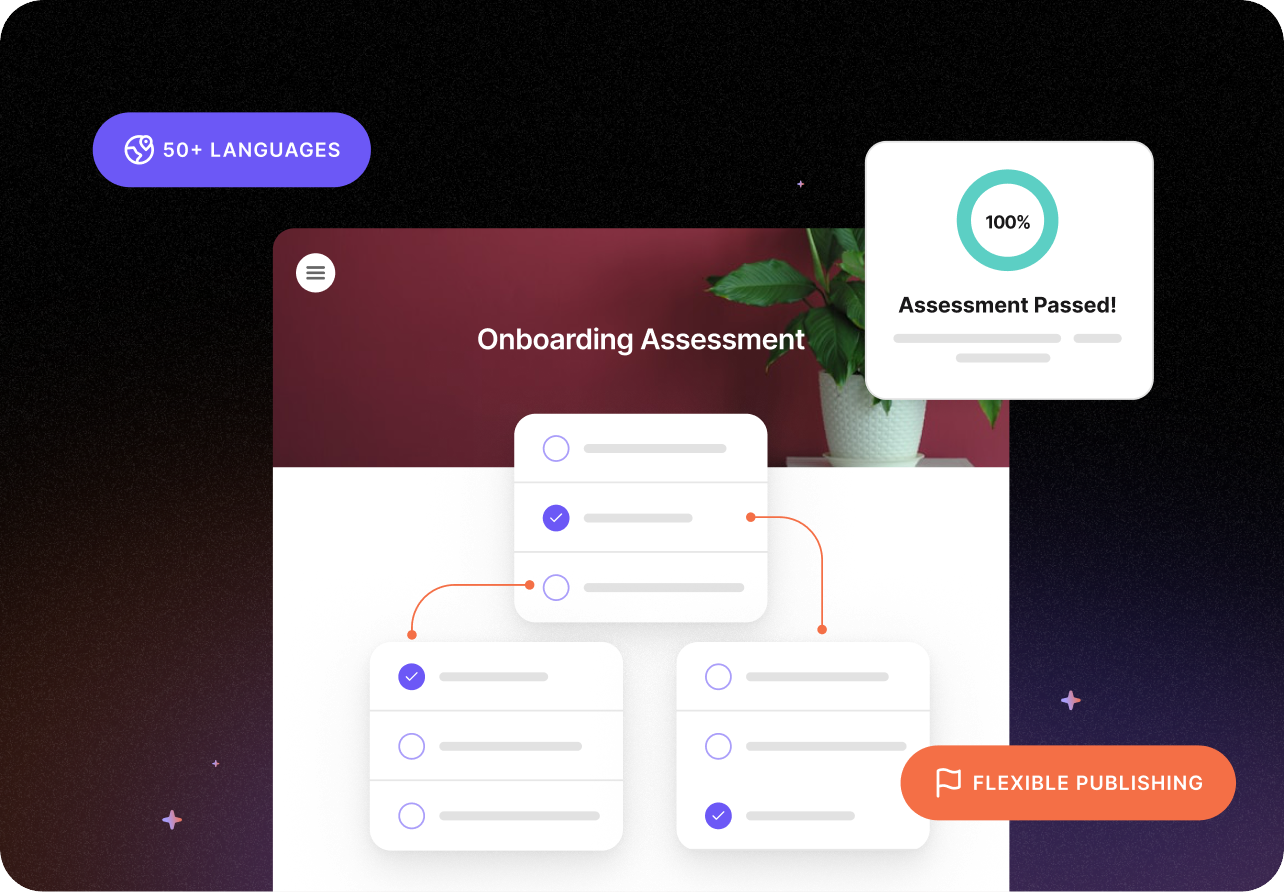 Evolve course showing an onboarding assessment passed with 100%, publishing options and 50+ languages