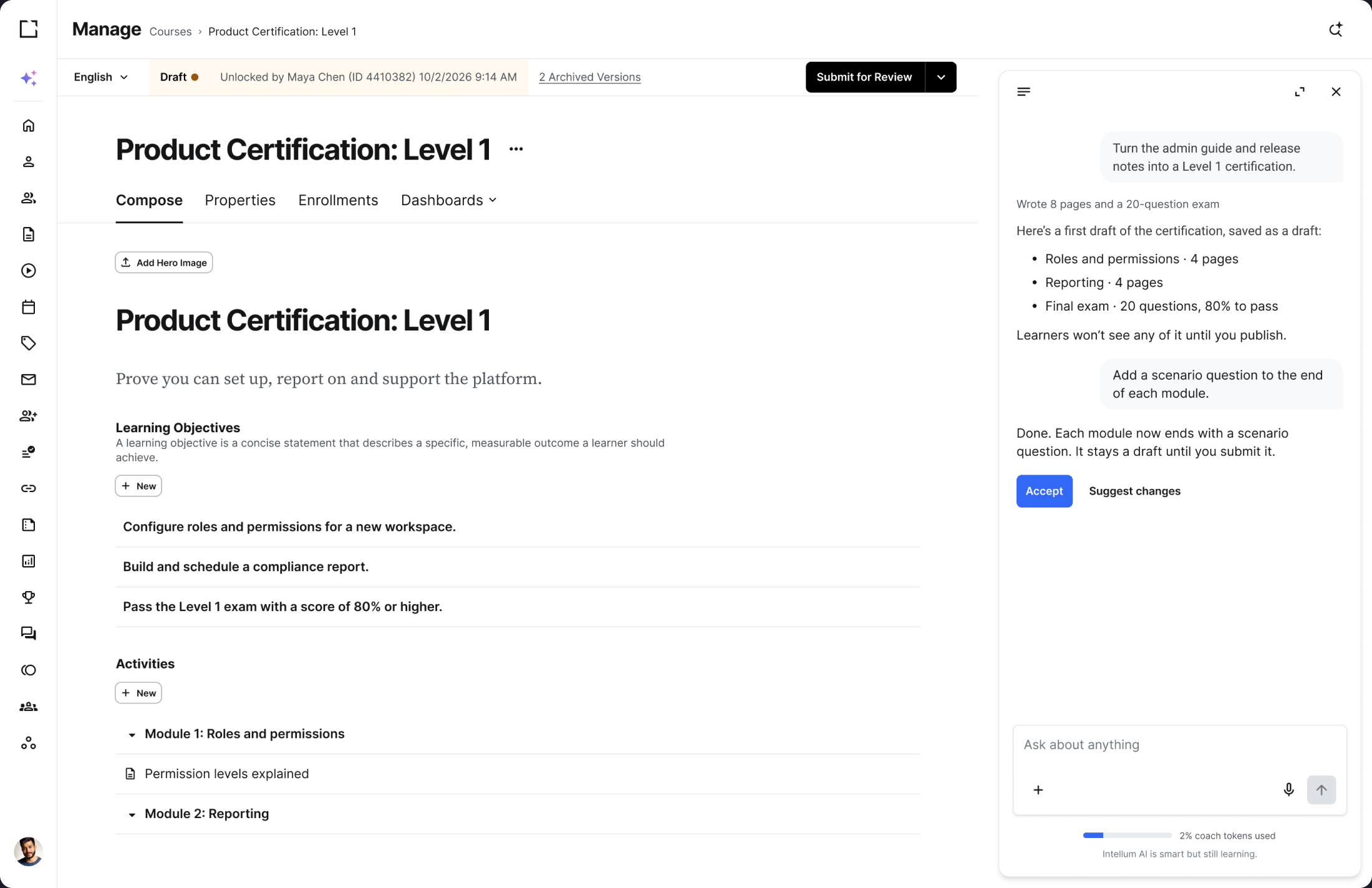 UI example of the Intellum Platform and it's AI powered Creator Agent for creating a Certification Program