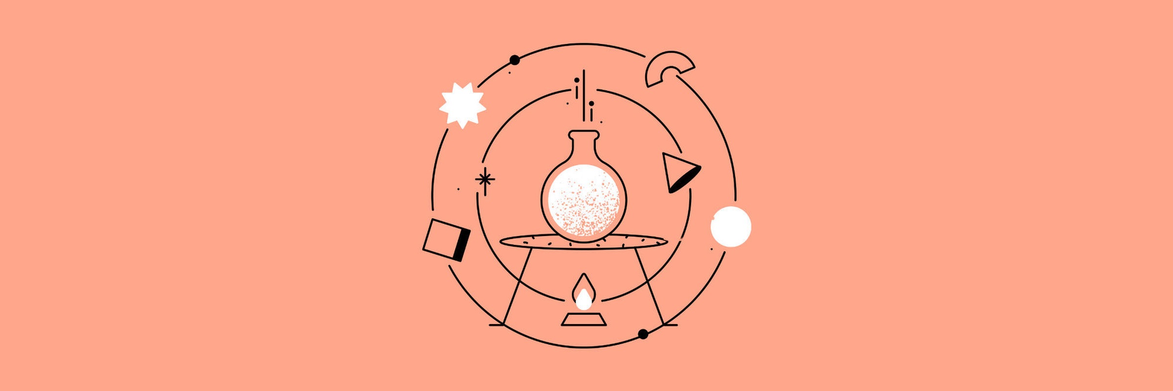 Line illustration of a round-bottom laboratory flask heating over a burner, a speckled sphere forming inside it, encircled by orbiting geometric shapes, on a coral background.