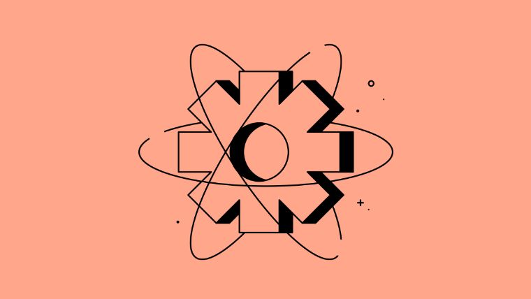 Line illustration of an atom, its nucleus formed from a geometric asterisk shape, with two elliptical orbits crossing around it, on a coral background.