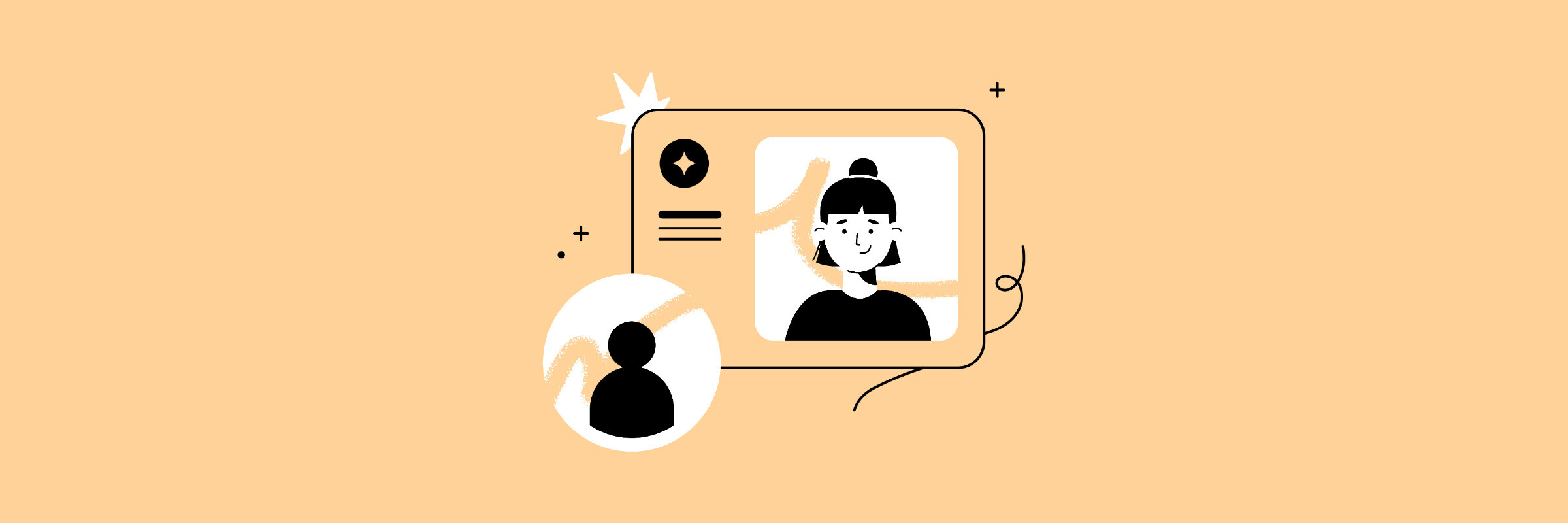 Line illustration of a browser window showing a profile card with a smiling woman's photo, beside a small circular avatar icon, on a coral background.