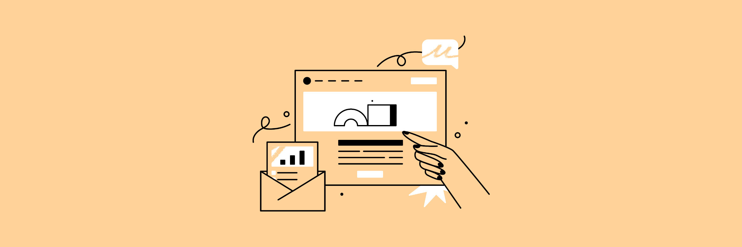 Line illustration of a presentation board holding a rising bar chart and an upward trend arrow, with a pie chart beside it, on an orange background.