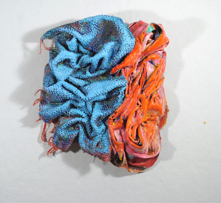 Contrast acrylic, latex, fabric on wood, 16 x 18 x 4”, 2017