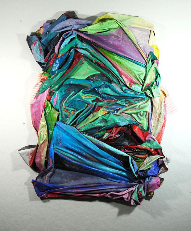 Stripes acrylic, latex, fabric on canvas, 32 x 40 x 4”, 2018-19
