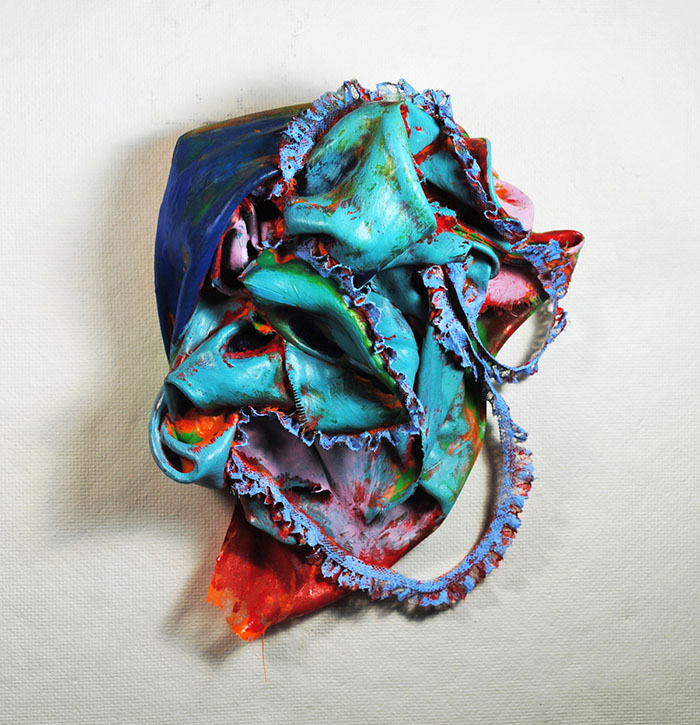 Lace acrylic, latex, fabric on wood, 9 x 12 x 4”, 2018-19