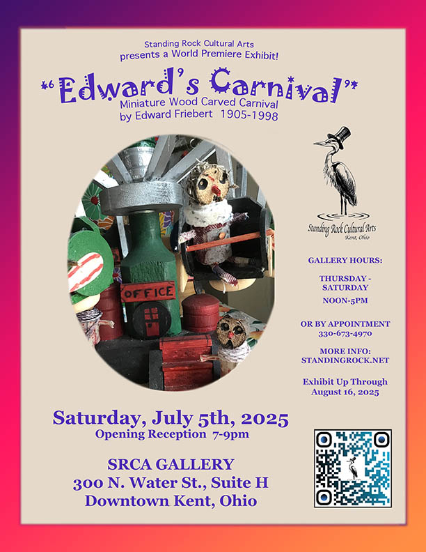 Flyer containing image of one of Edward's sculptures with a green wooden office and wooden characters that look like owls