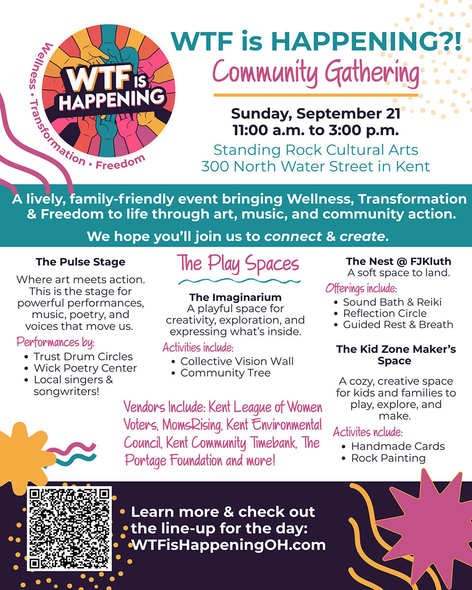 Colorful Flyer colored with pinks and blues explaining the event time, location, etc.