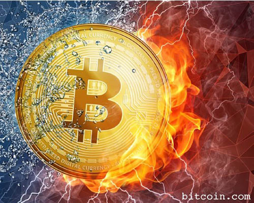 red and blue colored abstract background with a bitcoin in the foreground