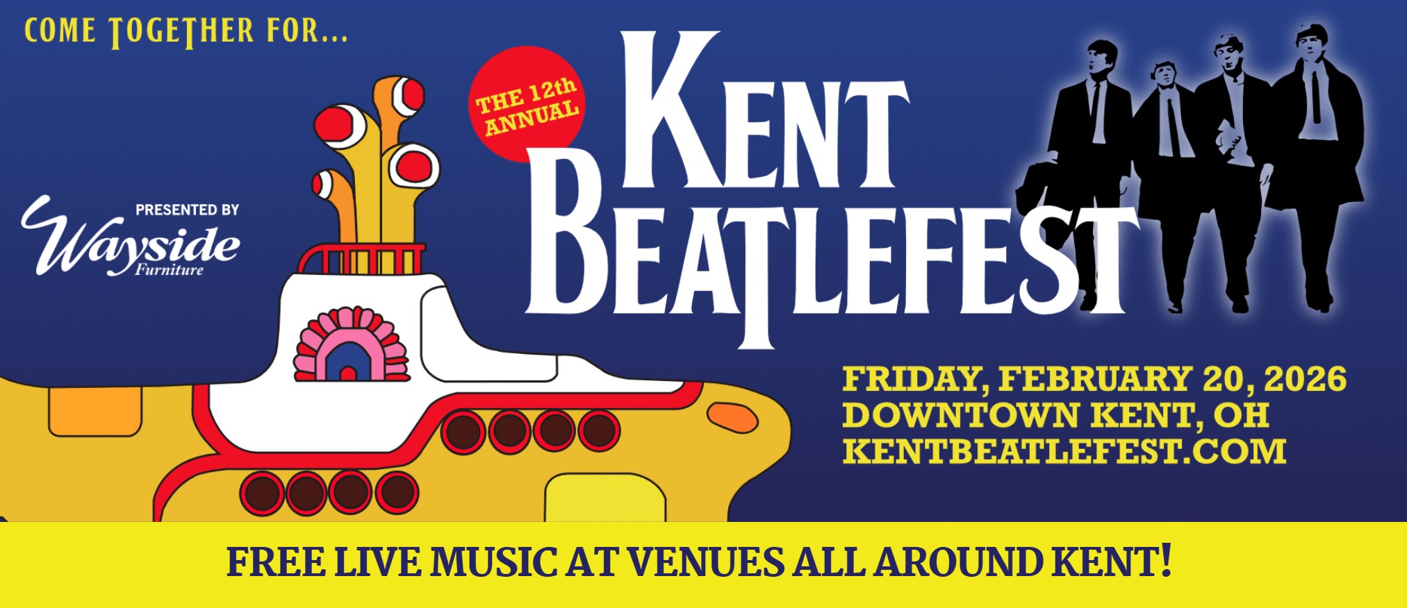 Beatlefest logo in white showing a yellow submarine and blue background