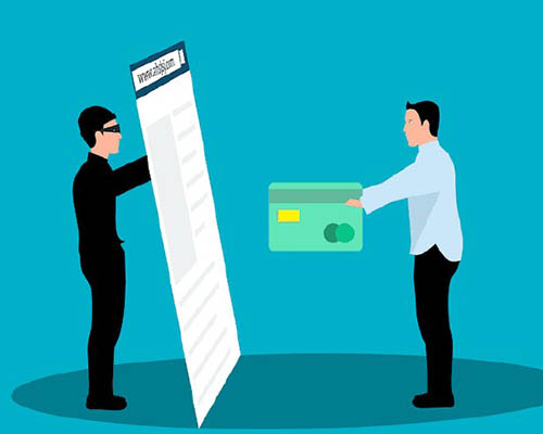 Illustration of man on the right side with a white wall and a burgler dressed in black on the other side. The background is the color cyan