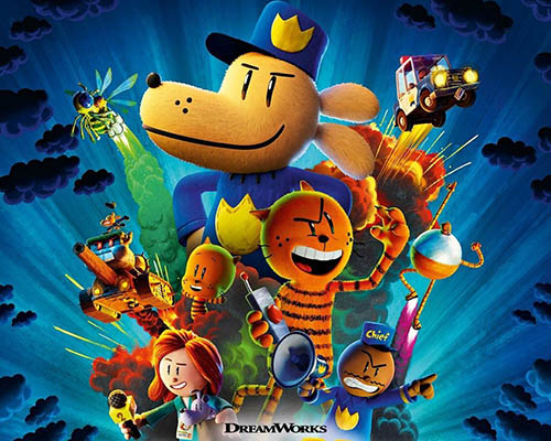 Cartoon illustration of a dog standing on a mound of grass with buildngs surrounding him with a dark blue sky and his hands on his hips