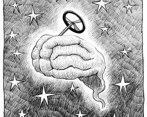 image is an black and white illustration of a brain with a steering wheel coming out of the top as if the brain is a vehicle, with stars in the background.