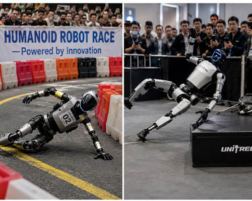 side by side images that show robots falling down. The left image has the humanoid racing around a track and falling on the turn