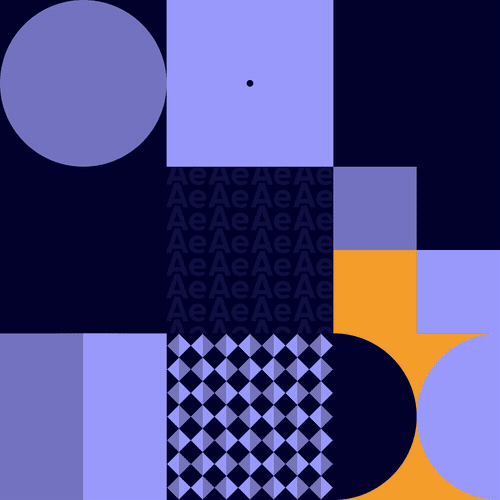 Abstract geometric pattern with various shapes including circles, squares, and diamonds in blue, orange, and dark navy colors.