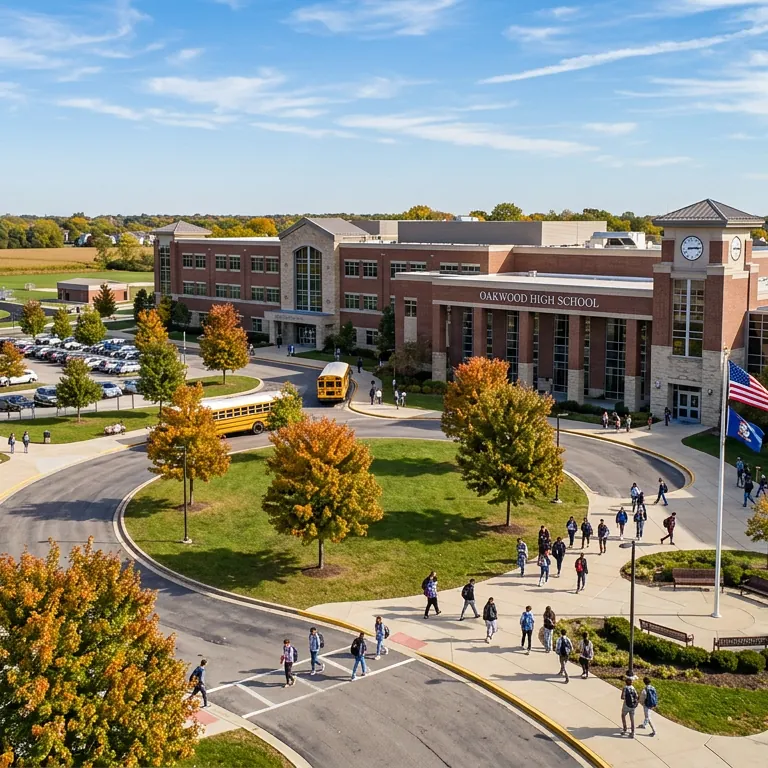 Aerial view of a civic campus surrounded by trees