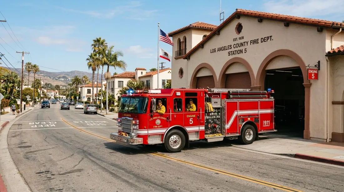 Fire engine parked in front of a municipal fire station