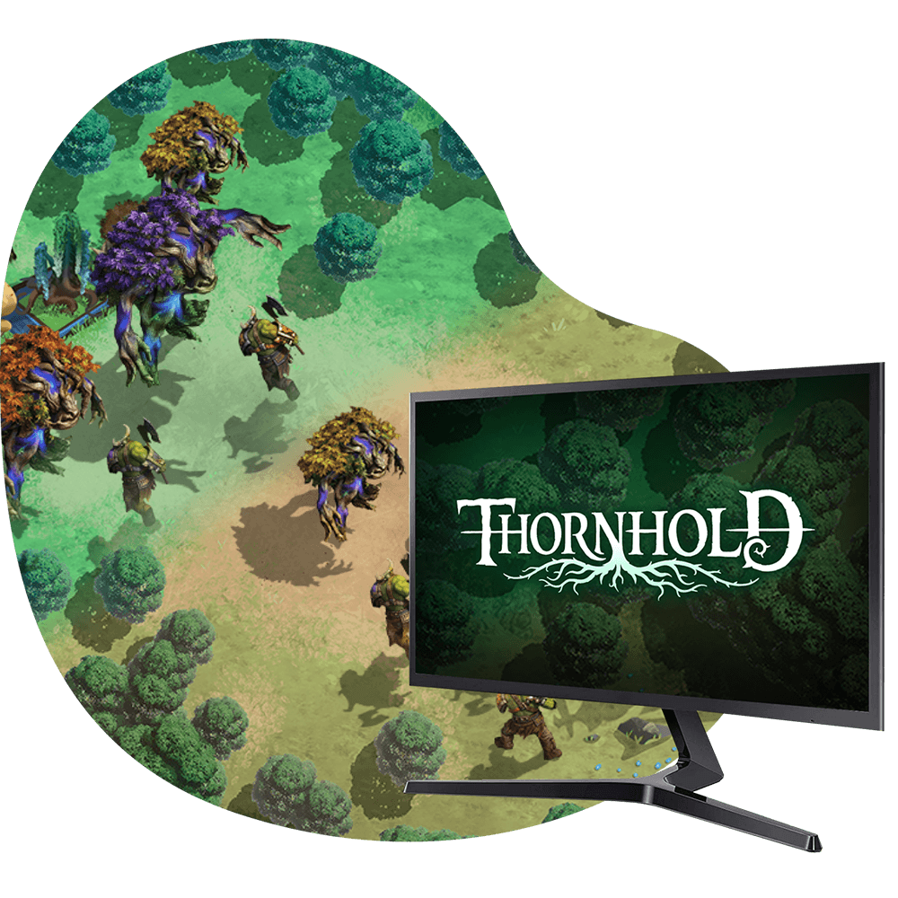 A mockup showing Thornhold running on a computer - developed by Chaos Theory Games