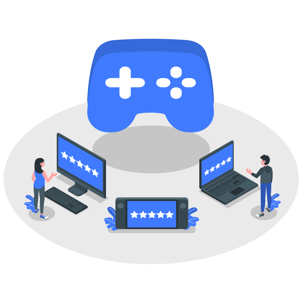 A vector graphic that's depicting someone making a 5-star mobile game