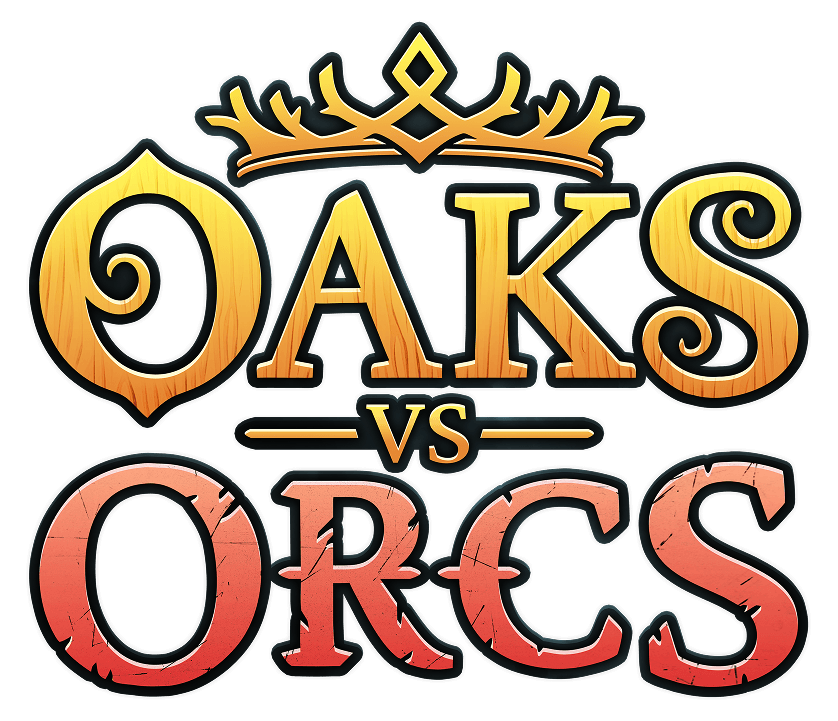 A decorative text logo for "Oaks vs Orcs" in yellow and red.