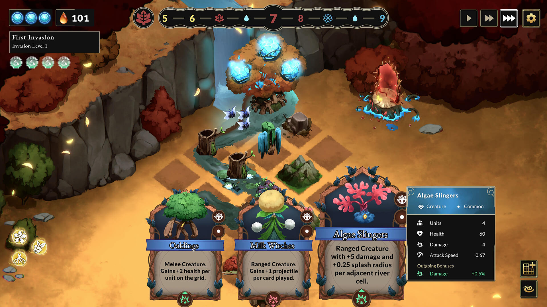 Fantasy game battle scene with warriors and catapults firing flaming projectiles on an autumn landscape.