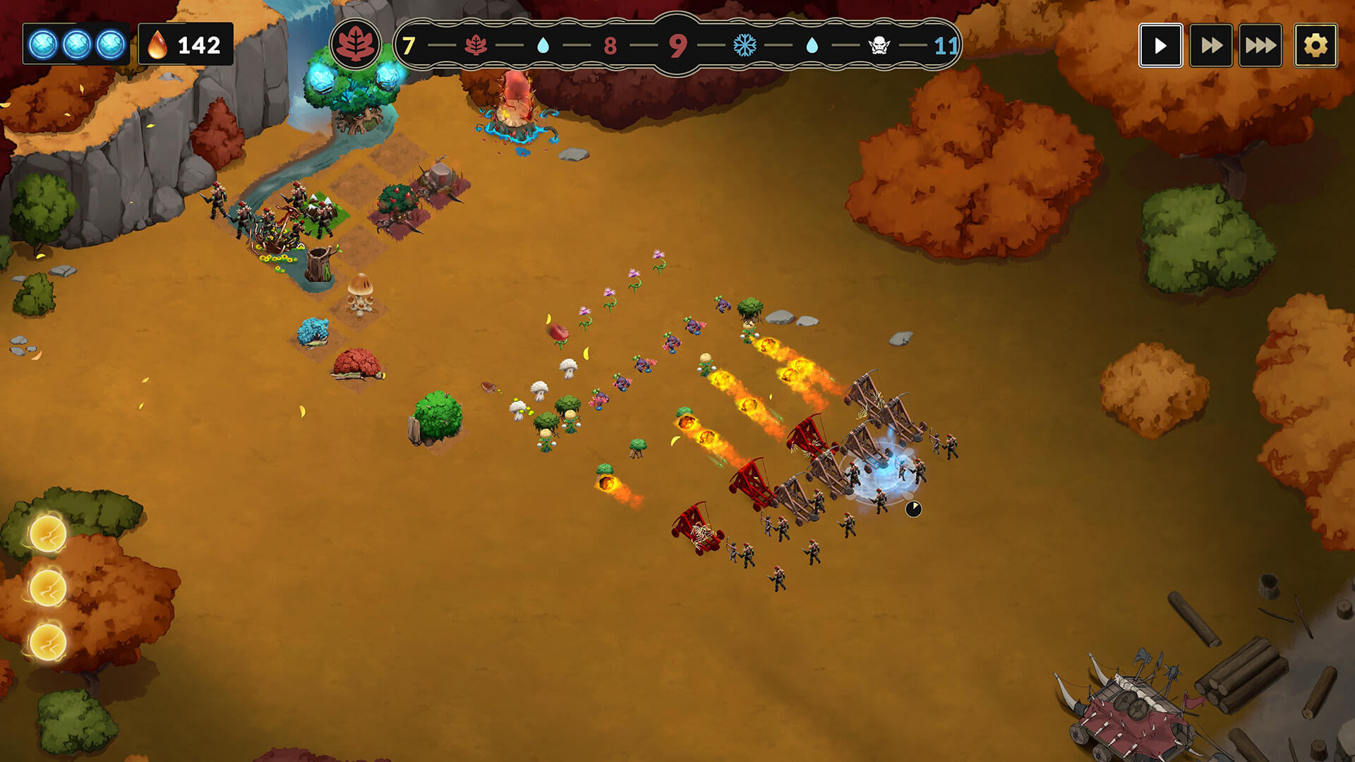 Fantasy game battle scene with warriors and catapults firing flaming projectiles on an autumn landscape.