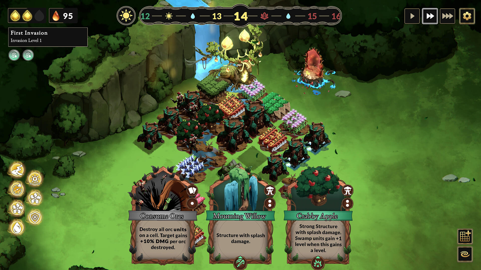 Game screen of Oaks vs Orcs showing a strategy map with trees, flowers, streams, and cards for Cannibalize, New Channel, and Frost skills.