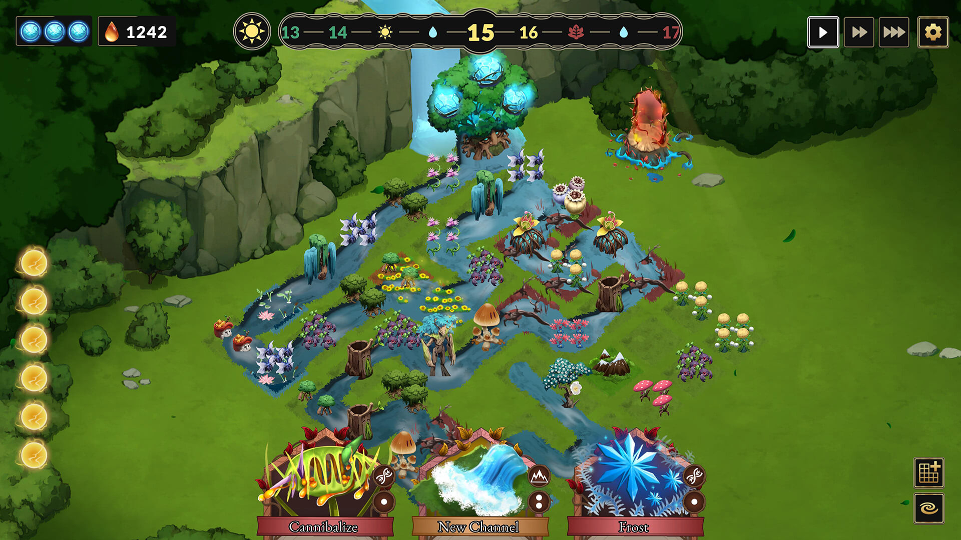Game screen of Oaks vs Orcs showing a strategy map with trees, flowers, streams, and cards for Cannibalize, New Channel, and Frost skills.
